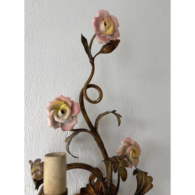 Metal Heavy Wrought Iron Roses Pink Yellow Gilt Italian Sconces, C 1900 For Sale - Image 7 of 9