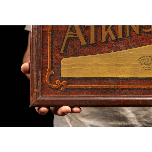Early 20th Century Early 20th Century Framed Atkins Silver Steel Saws Painted Tin Sign For Sale - Image 5 of 8