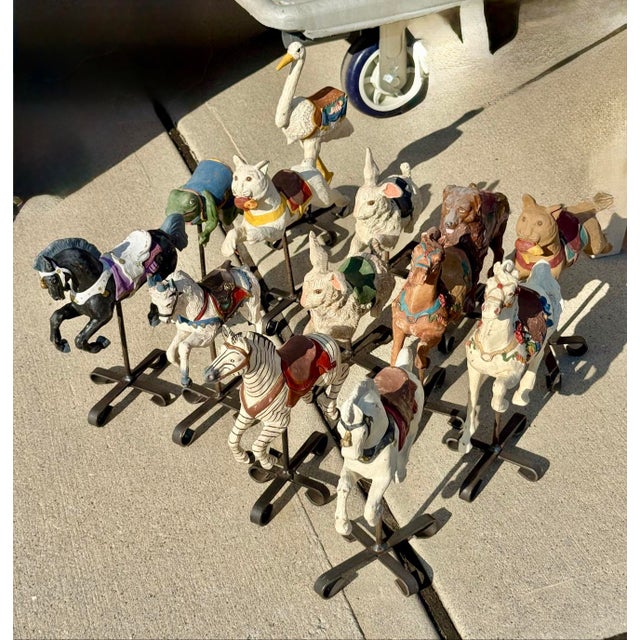 Metal Vintage D. De La Ronde 1992 Carousel Set 12 Hand-Painted Animals Iron Stands For Sale - Image 7 of 8
