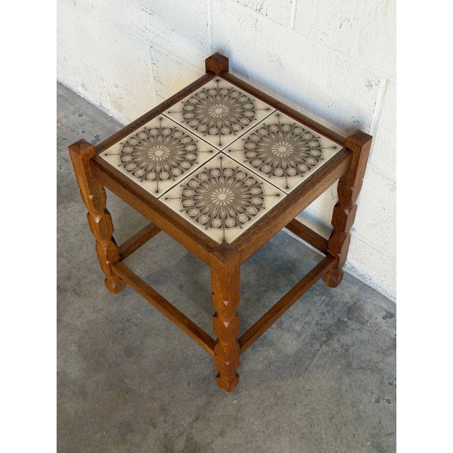 Oak Small Table Patterned Ceramic Tile Top Danish Vintage Accent Side End Table 1970s For Sale In Los Angeles - Image 6 of 10