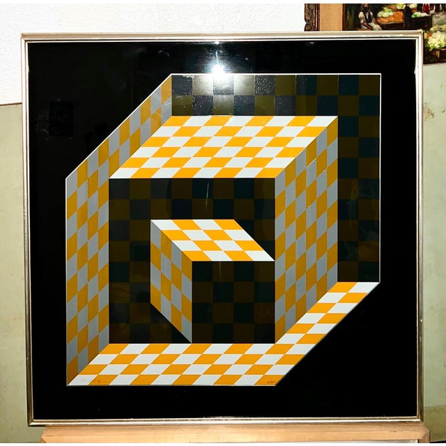 Victor Vasarely, 1970's Enamel Metal Vasarely Silkscreen Screenprint Axo Kinetic Op Art Sculpture, c.1970's For Sale - Image 9 of 9