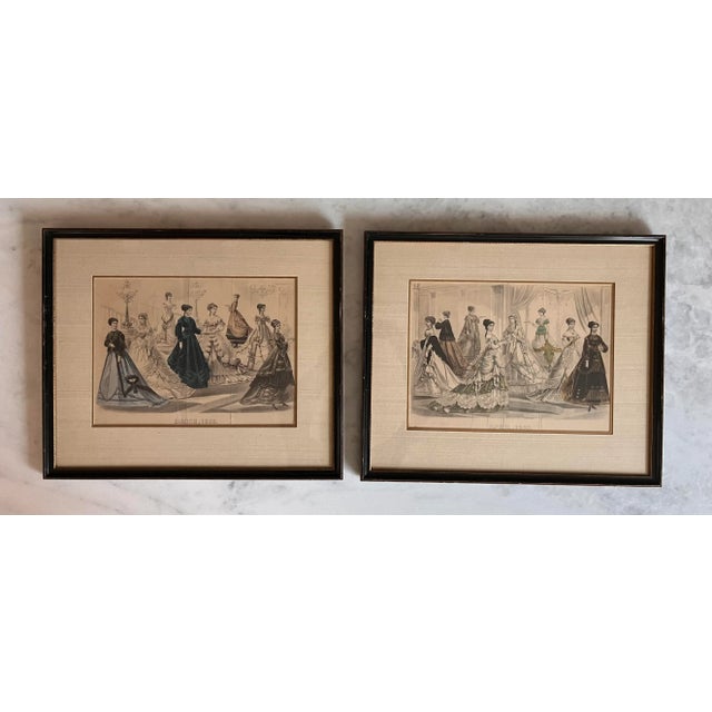 Antique 19th Century Fashion Hand Colored Fashion Magazine Advertisements - Framed Pair For Sale - Image 9 of 9