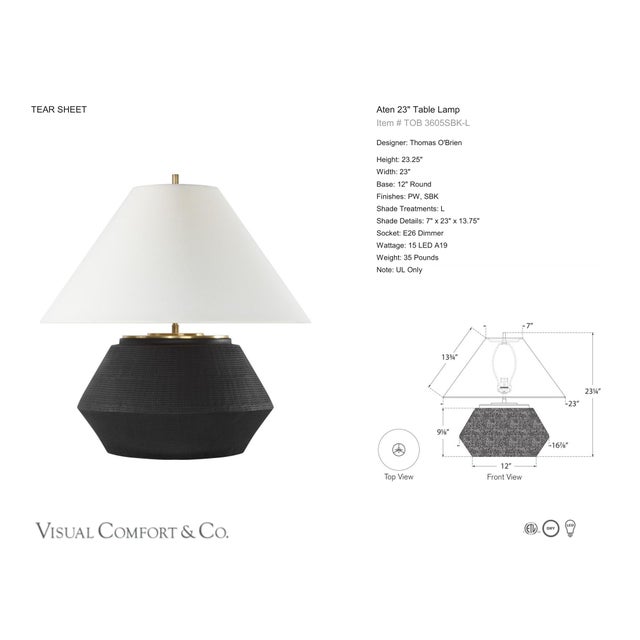 Thomas O'Brien by Visual Comfort Signature Aten 23" Table Lamp in Shadow Black with Linen Shade Designer: Thomas O'Brien...