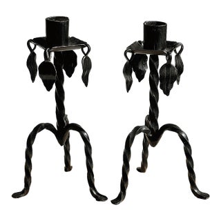 Pair of Vintage Swedish Hand-Forged Iron Candle Holders – Scandinavian Twisted Leaf Design For Sale