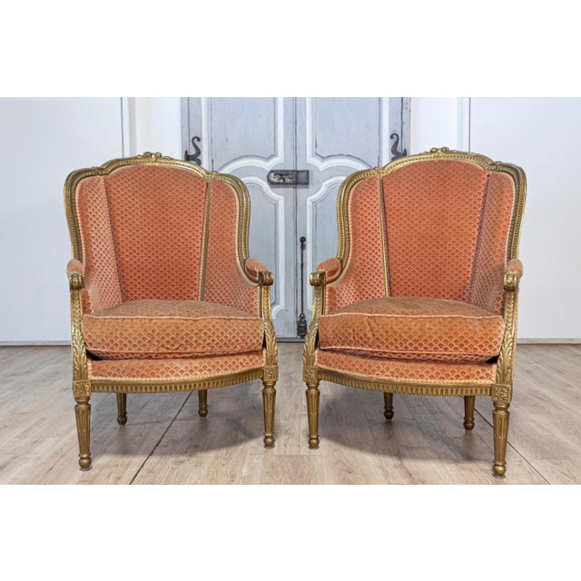French Louis XVI Style Gilded Wood Bergères Chairs with Carved Décor - a Pair For Sale In Atlanta - Image 6 of 12