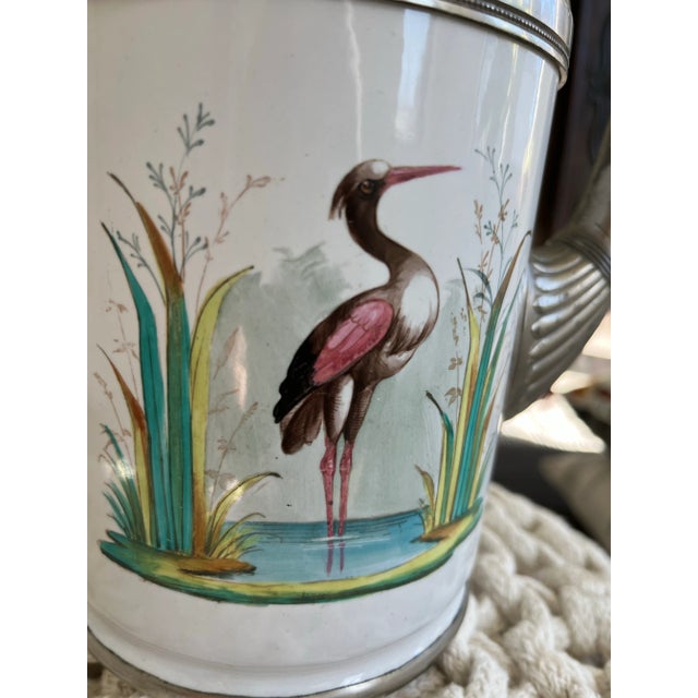 American Antique Manning, Bowman & Co Painted Heron Enamel & Pewter Coffee Pot C. Late 1800s For Sale - Image 3 of 11