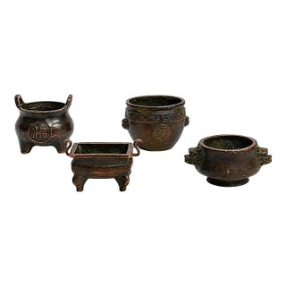 4 Antique Chinese Solid Bronze Mini Censers Incense Burners For Sale