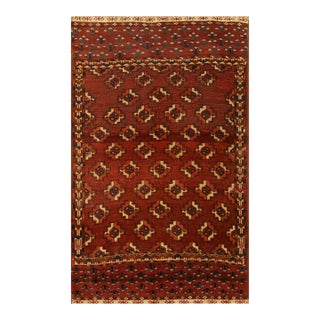 1880s Red Ruby Geometric Tribal Antique Baluch Turkmen Rug 2' 7'' X4' 0'' Knotted Wool Carpet For Sale
