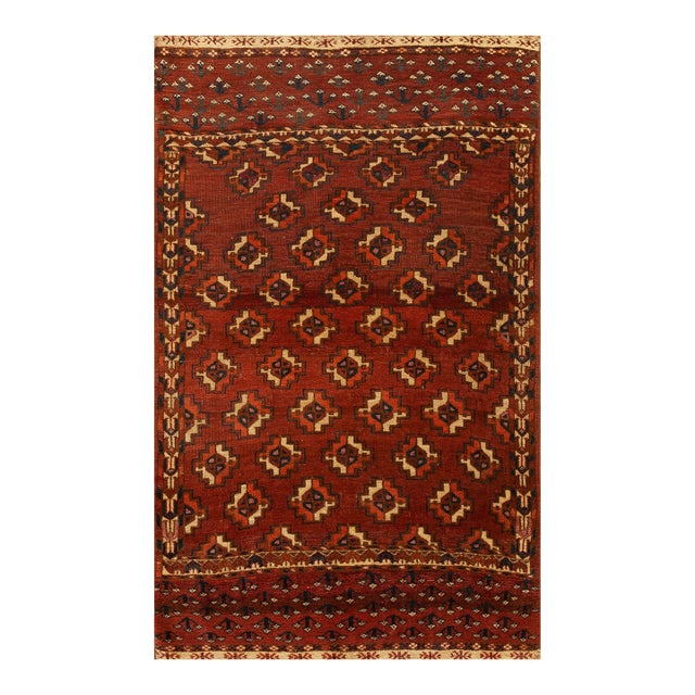 1880s Red Ruby Geometric Tribal Antique Baluch Turkmen Rug 2' 7'' X4' 0'' Knotted Wool Carpet For Sale