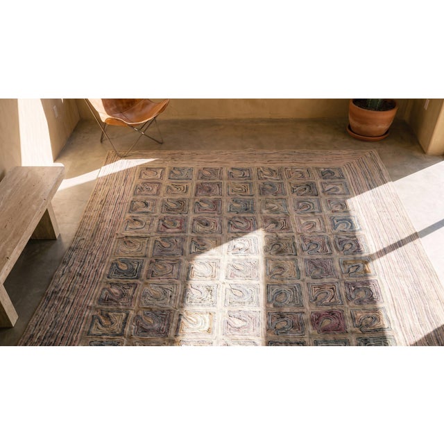 Ivory Colorful Square in a Geometric Design With Lovely Ivory Background Antique American Hooked Rug For Sale - Image 8 of 8