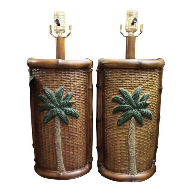 Faux Bamboo Tropical Palm Tree Faux Wicker Table Lamps- a Pair For Sale