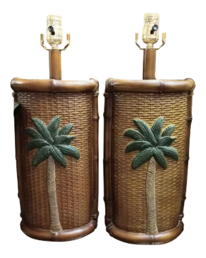 Faux Bamboo Tropical Palm Tree Faux Wicker Table Lamps- a Pair