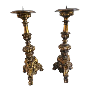 Pair of Early 20th Century Baroque Style GiltWood Paw Feet Candlestands