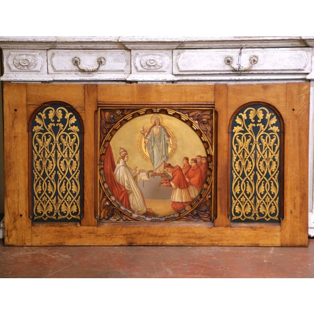 19th Century French Gothic Hand Painted Walnut Altar Panel With Marian Imagery For Sale In Dallas - Image 6 of 11