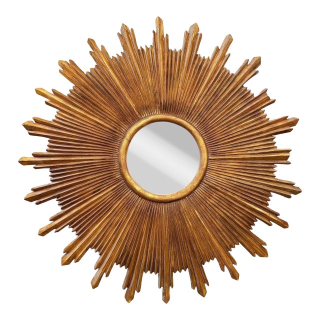 48" MCM Style Gilt Wood Starburst Mirror by Carol Canner for Carvers Guild For Sale