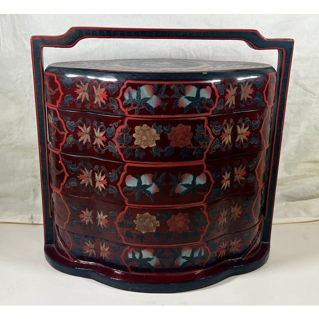Asian Antique Antique Chinese 5-Tier Stacking Wedding Box For Sale - Image 3 of 14