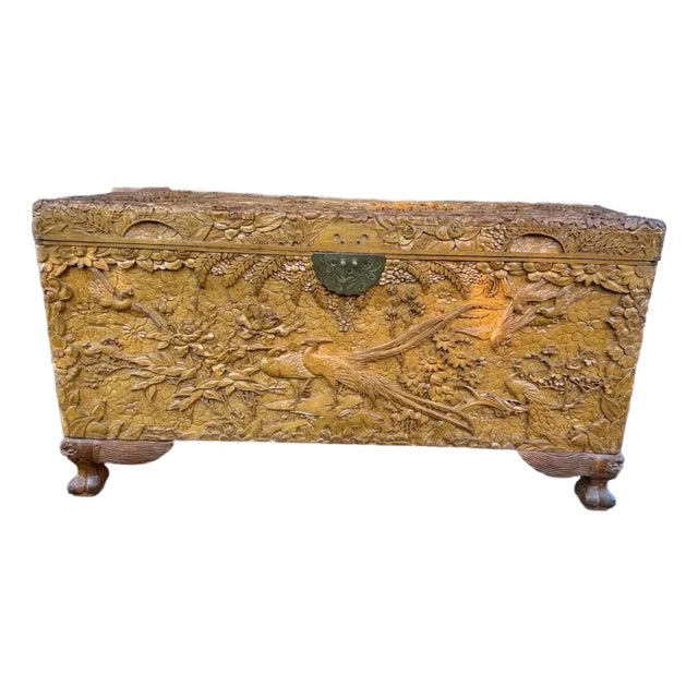 Antique Chinese Carved Camphor Wood Trunk Coffer Chest For Sale