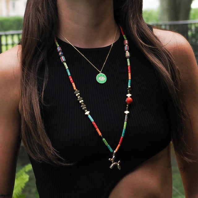 Cheerful Neon Green Evil Eye & Diamond Pendant Gold Chain Necklace For Sale - Image 4 of 7