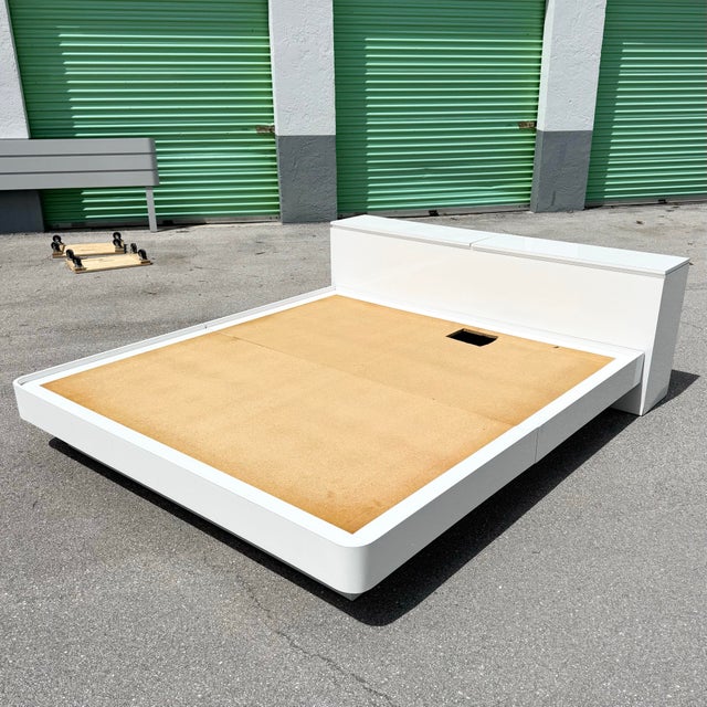 1980s Postmodern White Gloss Laminate King Size Platform Bed With Storage Headboard For Sale - Image 5 of 11