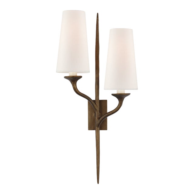 Julie Neill for Visual Comfort Signature Iberia Double Left Sconce in Antique Bronze Leaf with Linen Shades For Sale