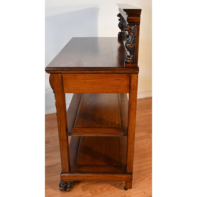 1900 Antique Rj Horner Solid Tiger Oak Carved Griffin Server / Buffet For Sale - Image 14 of 18