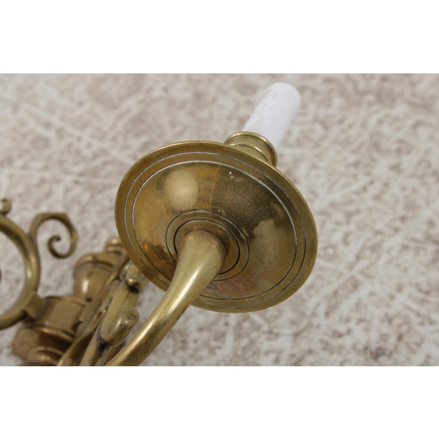 Brass Pair Vintage Colonial Williamsburg Brass Candelabra Wall Sconces For Sale - Image 8 of 13
