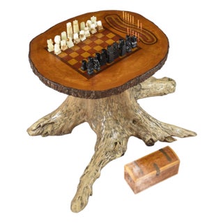 Hand Made Chess and Cribbage Live Edge Game Table on Tree Stump With Pieces For Sale