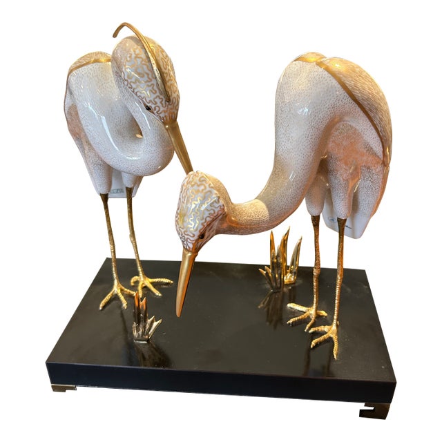 Giulia Mangani for Ogetti Porcelain & Gilded Brass Herons on Black Platform For Sale