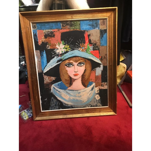 Textile Mid 20th Century Expressionist Portrait Oil Painting of a Woman Wearing a Hat, Framed For Sale - Image 7 of 7