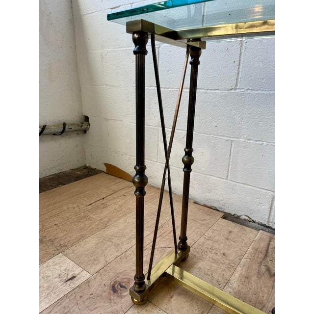 Vintage Hollywood Regency Brass and Glass Console Table With Bronze Supports For Sale - Image 9 of 10