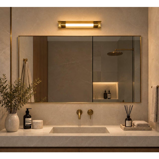 1950s Minimalist Brass Bathroom Wall Light Bath Sconce Damp Rated For Sale - Image 4 of 4
