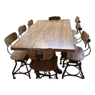 Rare 8 Matching Original Toledo Stools With Custom Table Made From Vintage Work Table Top and Unique Iron Legs For Sale