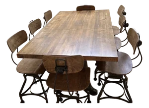 Rare 8 Matching Original Toledo Stools With Custom Table Made From Vintage Work Table Top and Unique Iron Legs