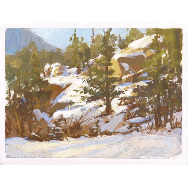 This gouache painting captures a serene winter landscape in Cathedral Spires, Colorado, showcasing a harmonious blend of...