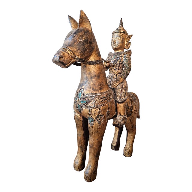 Large Antique Southeast Asian Burmese Thai Jeweled Carved Giltwood Figure on Horse Statue For Sale