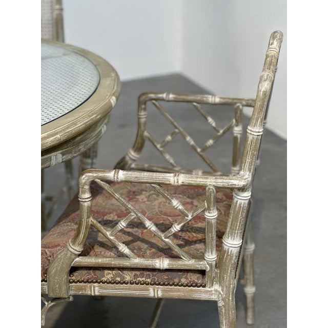Hollywood Regency Vintage Dining Set in Faux Bamboo with Fabric, 1980s, Set of 5 For Sale - Image 3 of 16