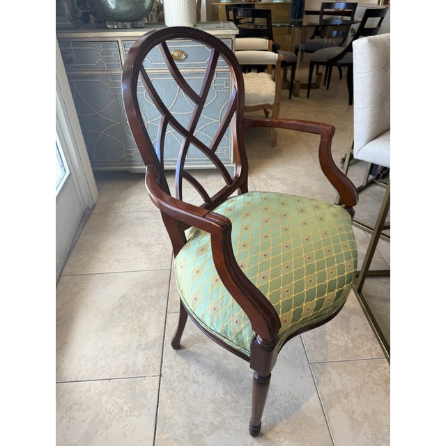 Gracious Pair of Hepplewhite Style arm chairs with freshly upholstered seats. Hand made in USA of Mahogany wood. They are...