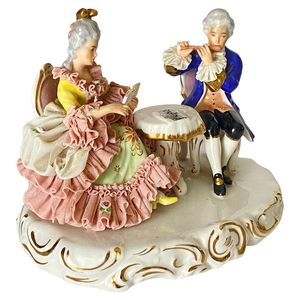 Lace Porcelain Couple Playing Chess in Blue and Pink, Dresden, German, 1920s