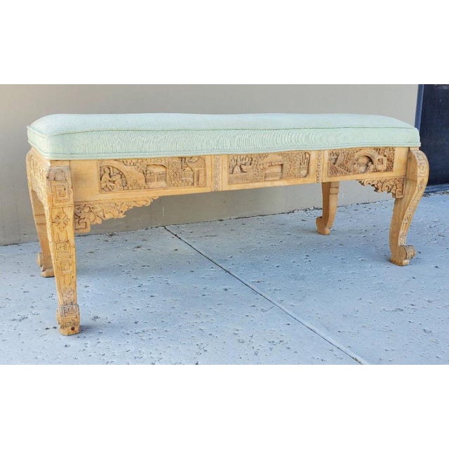 1920s Antique Chinese Hand Carved Upholstered Wooden Long Bench For Sale - Image 12 of 12