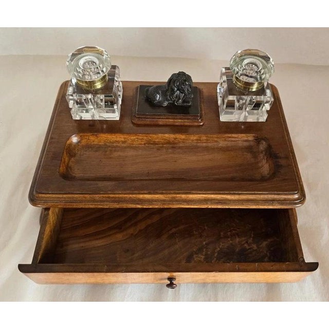 19th Century Olive Wood Twin Inkwell Standish with Bronze Lion Dog For Sale - Image 4 of 18