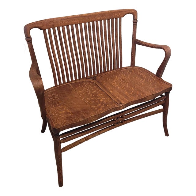 Early 20th Century Quartersawn Oak 2 Seater Bench For Sale