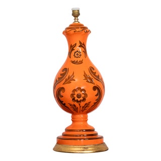 Large Hand-Painted Orange Ceramic Table Lamp, Spain, 1960s For Sale