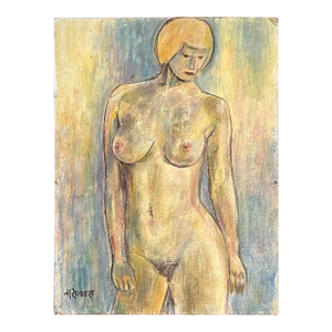 Painting of Female Nude on Board. Signed T Robert