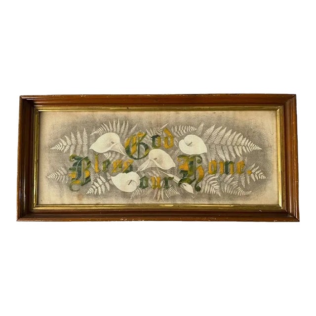 Antique Victorian Motto Sampler God Bless Our Home, Calla Lily's For Sale