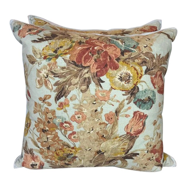 Pair of Printed Floral Linen Pillows For Sale