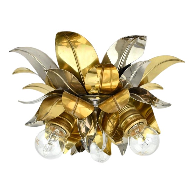 Vintage Mid Century Modern Maison Jansen Style Flush Mount | Gold Silver Brass Aluminium Flower Ceiling Light Fixture Lamp | Bagues Banci Italian For Sale