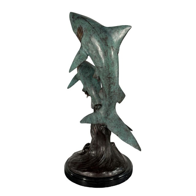 Contemporary Breaching Sharks, Bronze on Marble - 24"h For Sale - Image 3 of 5