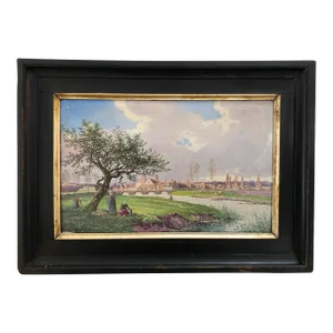 19th Century French Impressionist Painting on Porcelain: Gathering Apples With Town (Rouen?) in Background by Paul Langlois, Framed