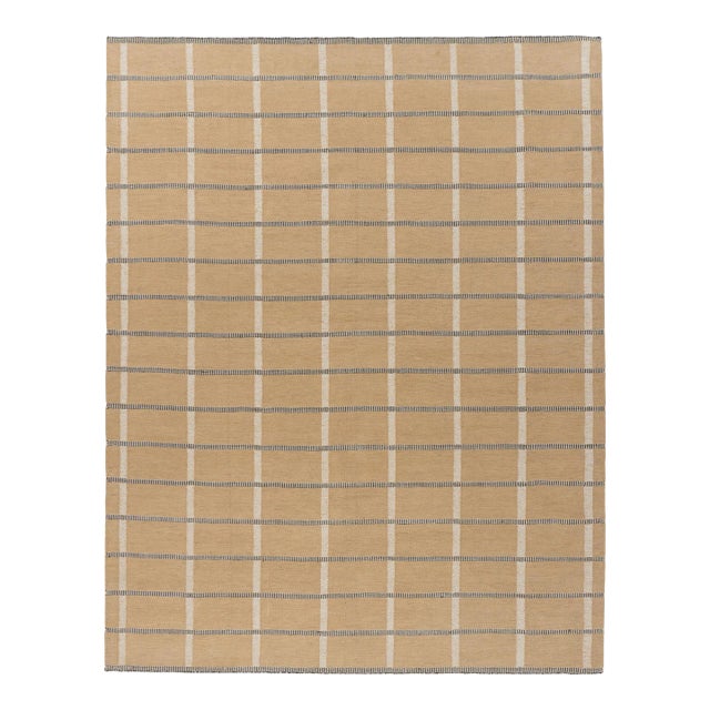 Beige Plaid Indoor Outdoor Polyester Rug, 9' X 12' For Sale