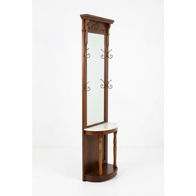 Vintage Victorian-Style Wood Hall Tree With Etched Mirror & Marble Shelf For Sale In Greensboro - Image 6 of 9